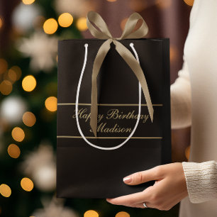 Happy Birthday Script Name Black Gold Medium Gift Bag