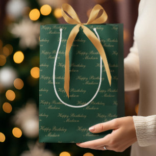 Happy Birthday Script Name Green Gold Medium Gift Bag