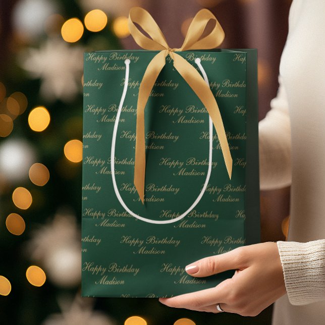 Happy Birthday Script Name Green Gold Medium Gift Bag (Creator Uploaded)