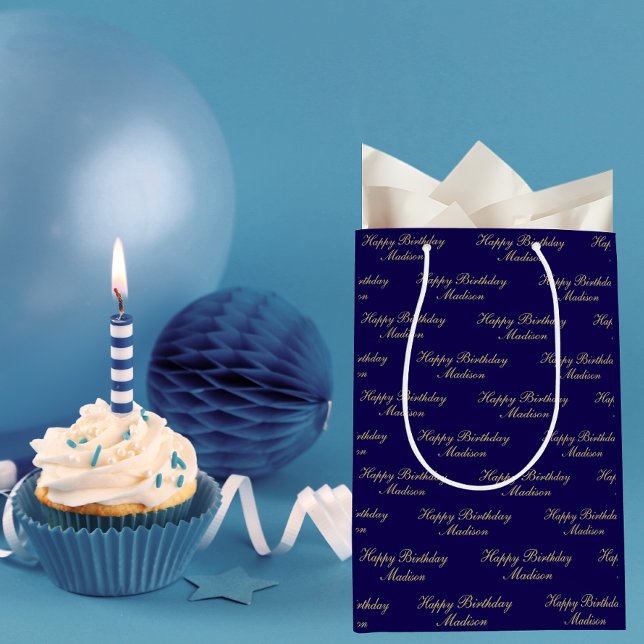 Happy Birthday Script Name Navy Blue Gold Medium Gift Bag (Creator Uploaded)