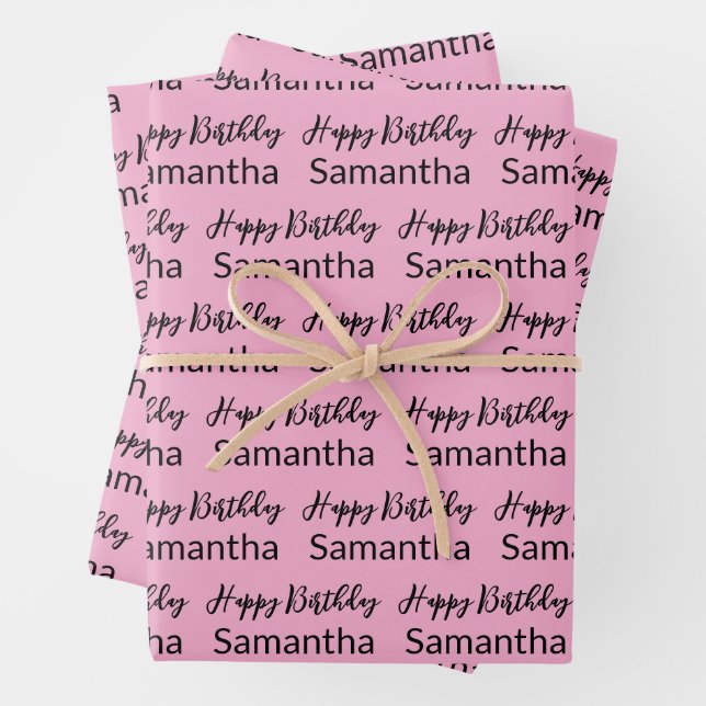 Happy Birthday Script Pale Pink and Black Name Wrapping Paper Sheets (In situ)