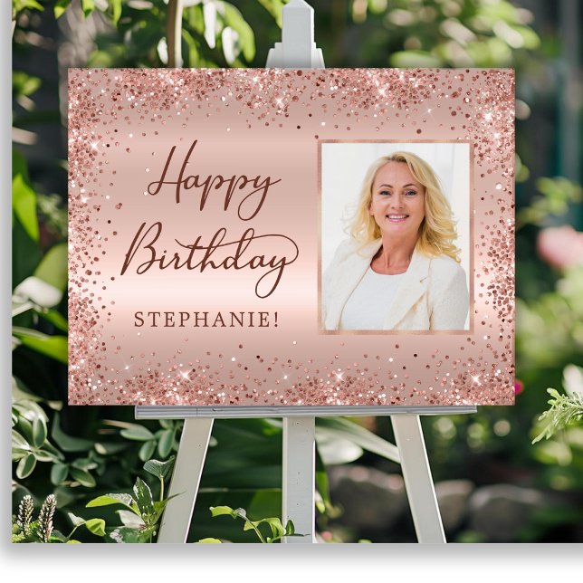 Happy Birthday Script Rose Gold Glitter Photo  Foam Board (Creator Uploaded)