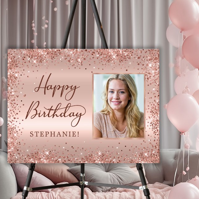 Happy Birthday Script Rose Gold Glitter Photo  Foam Board (Creator Uploaded)