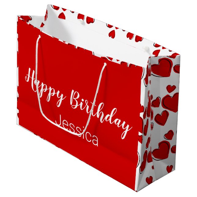 Happy Birthday Script White and Red Hearts Large Gift Bag (Front Angled)