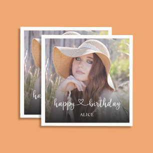 Happy Birthday Script with Heart Calligraphy Photo Napkins