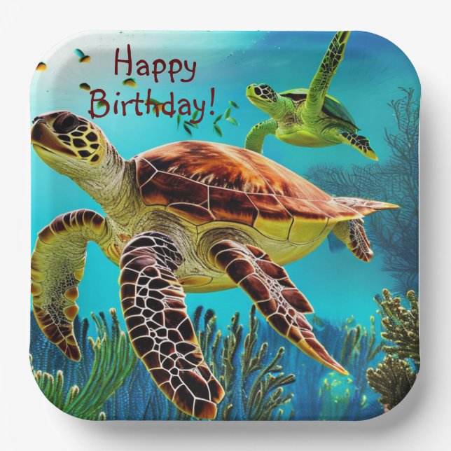 Happy Birthday Sea Turtle Paper Plates (Front)
