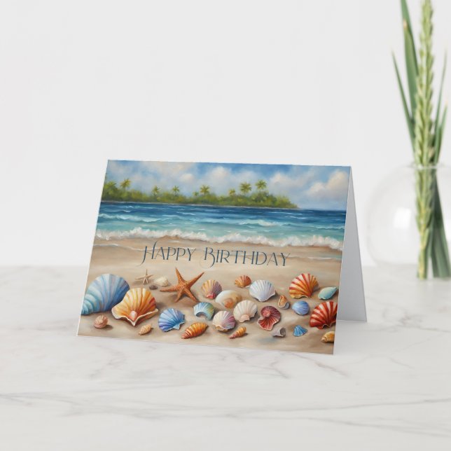 Happy Birthday Seashells on Sandy Tropical Beach Card (Front)