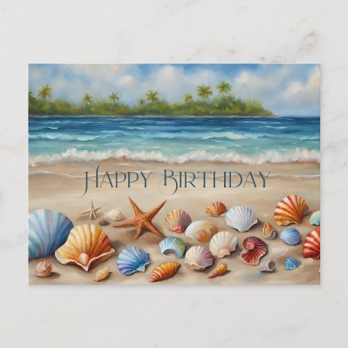 Happy Birthday Seashells on Sandy Tropical Beach Postcard