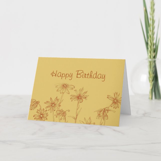 Happy Birthday Sepia Daisy Pen and Ink Drawing Card (Front)