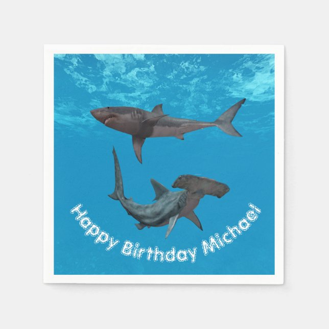 Happy Birthday Shark Great white Hammerhead Napkins (Front)