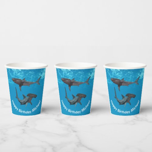 Happy Birthday Shark Great white Hammerhead Paper Cups