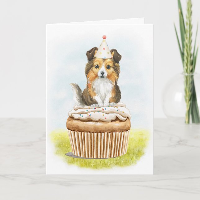 Happy Birthday Sheltie Pup Cake Birthday Card (Front)