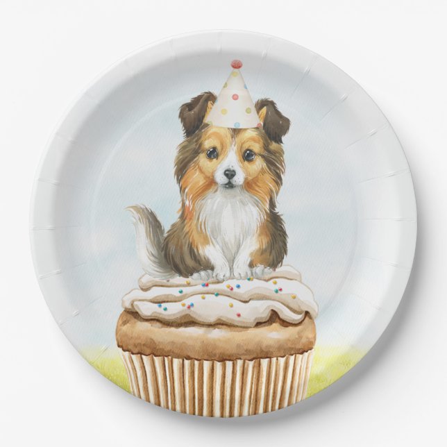 Happy Birthday Sheltie Pup Cake Paper Plates (Front)