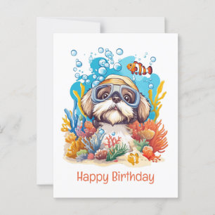 Happy Birthday Shih Tzu Dog Snorkeling Coral Reef Postcard