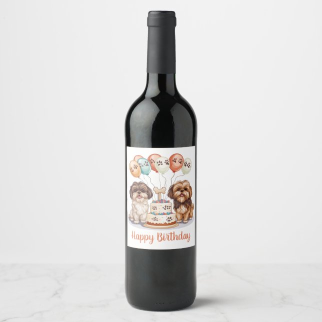 Happy Birthday Shih Tzu Dogs Birthday Cake Wine Label (Front)