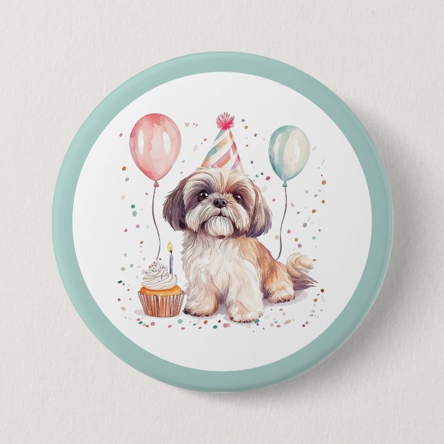 Happy Birthday Shih Tzu Dogs Cupcake Button (Front)
