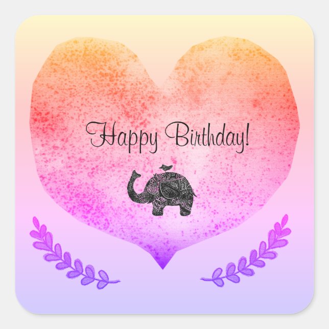 Happy Birthday Shiny Heart Elephant Sticker (Front)