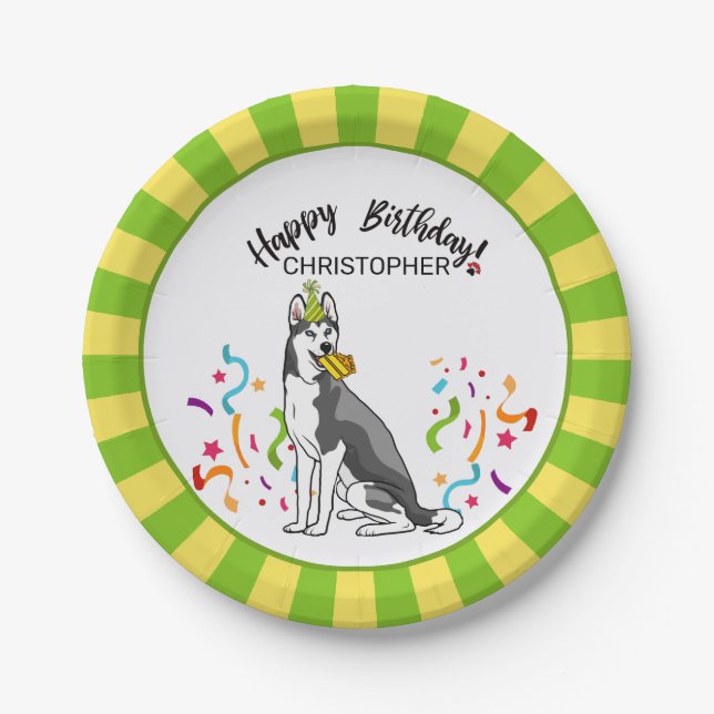 Happy Birthday Siberian Husky Dog Party Paper Plates (Front)