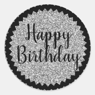Happy Birthday Silver Glitter Classic Round Sticker