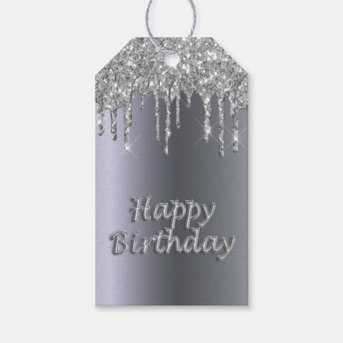 Happy Birthday silver glitter drips Gift Tags