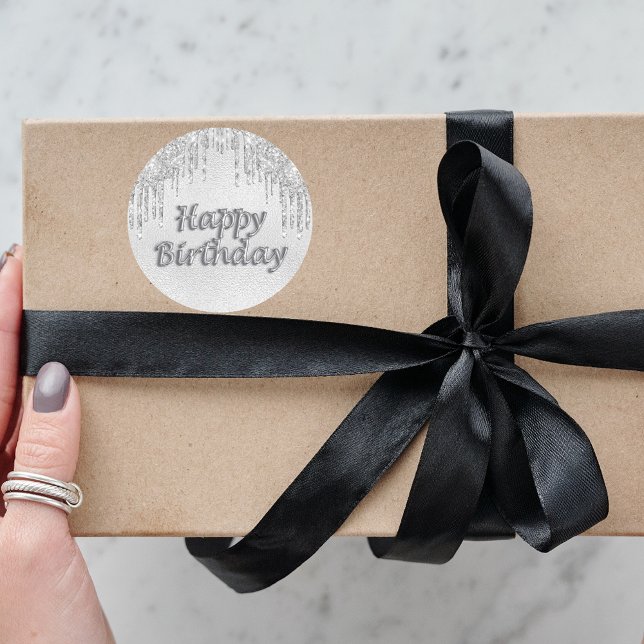 Happy Birthday silver glitter drips metal Classic Round Sticker (Creator Uploaded)