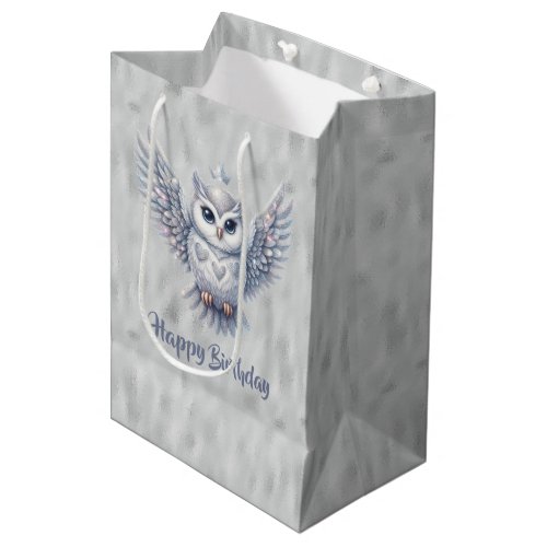 Happy Birthday Silver Owl on Gray Medium Gift Bag