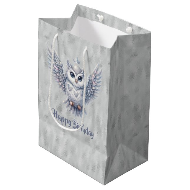 Happy Birthday Silver Owl on Gray Medium Gift Bag (Front Angled)