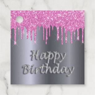 Happy Birthday silver pink glitter drips Favor Tags