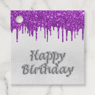 Happy Birthday silver purple glitter drips Favor Tags
