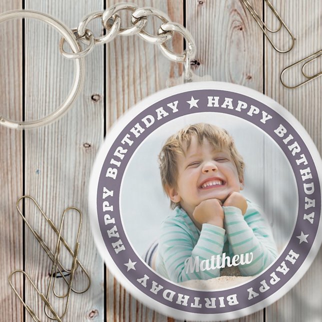 Happy Birthday Simple Modern Custom Photo Keychain (Creator Uploaded)