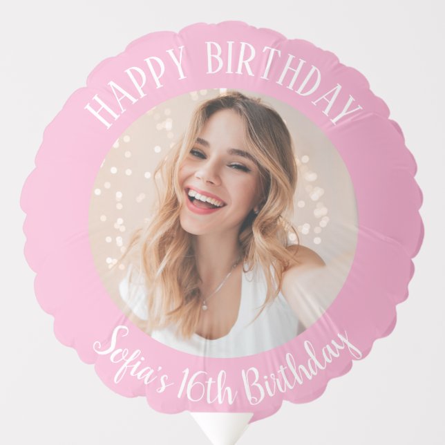 Happy Birthday Simple Modern Custom Photo Pink Balloon (Front)