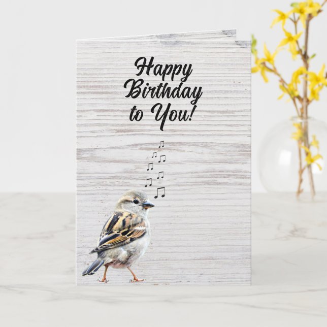 Happy Birthday Singing Bird Rustic Wood Grain  Card (Yellow Flower)