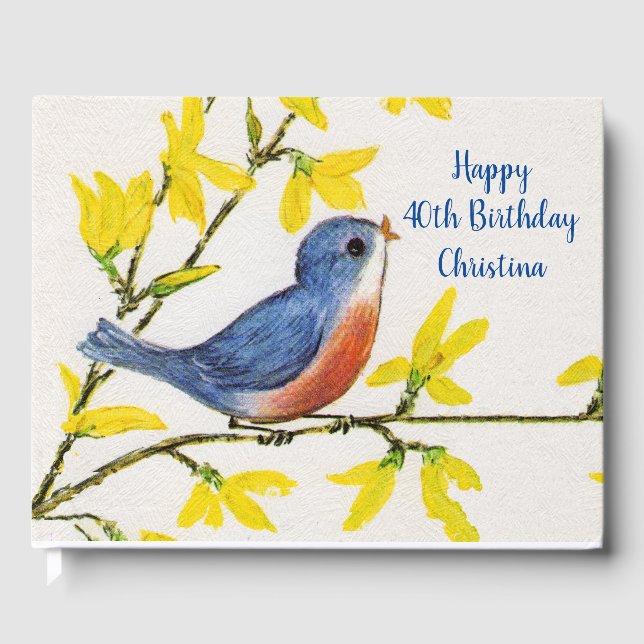 Happy Birthday Singing Blue Red Bird Yellow Flower Guest Book (Front)