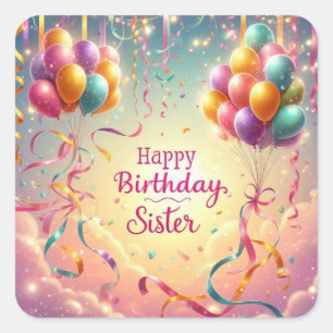 Happy Birthday Sister Balloons Glitter cute Square Sticker