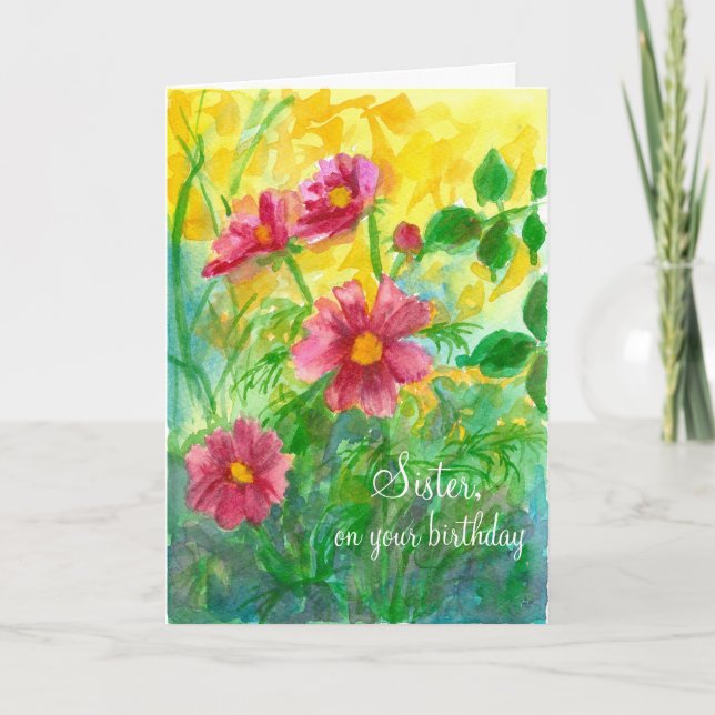Happy Birthday Sister Pink Cosmos Flowers Card (Front)