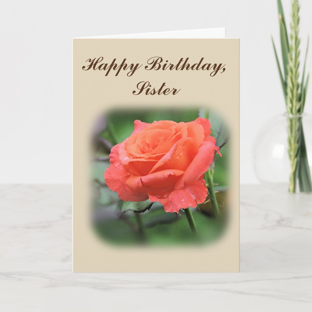 Happy Birthday Sister, Salmon Rose with Raindrops Card | Zazzle