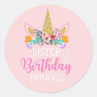 happy Birthday Sister Unicorn Party Pink Classic Round Sticker