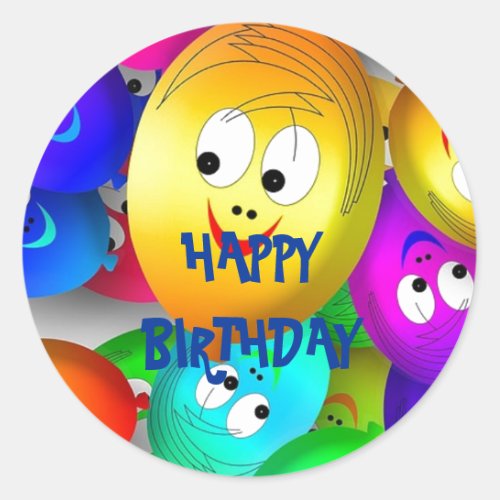 Happy Birthday Smiling Balloon Faces Classic Round Sticker