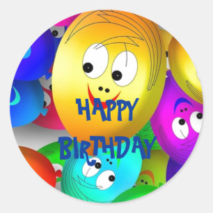 Happy Birthday Smiling Balloon Faces Classic Round Sticker