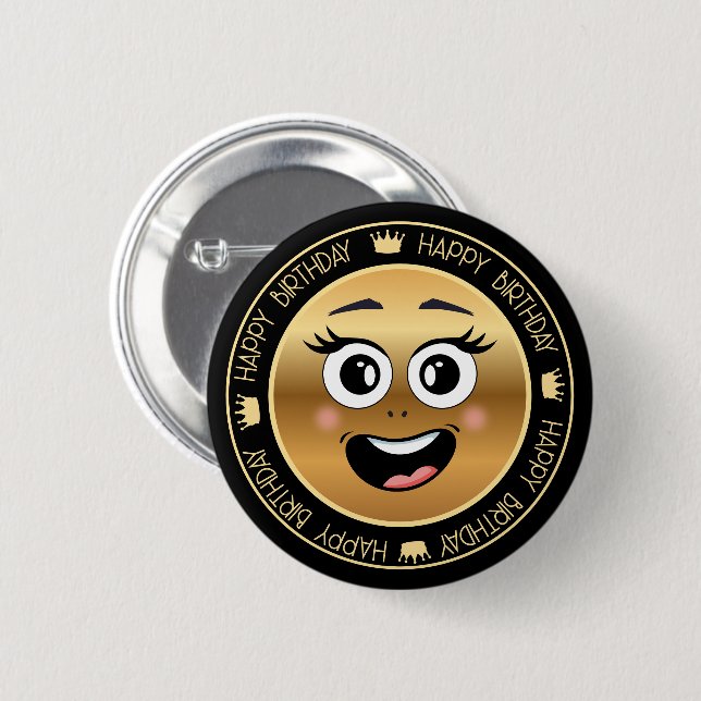 happy birthday ,smiling face gold black cute button (Front & Back)