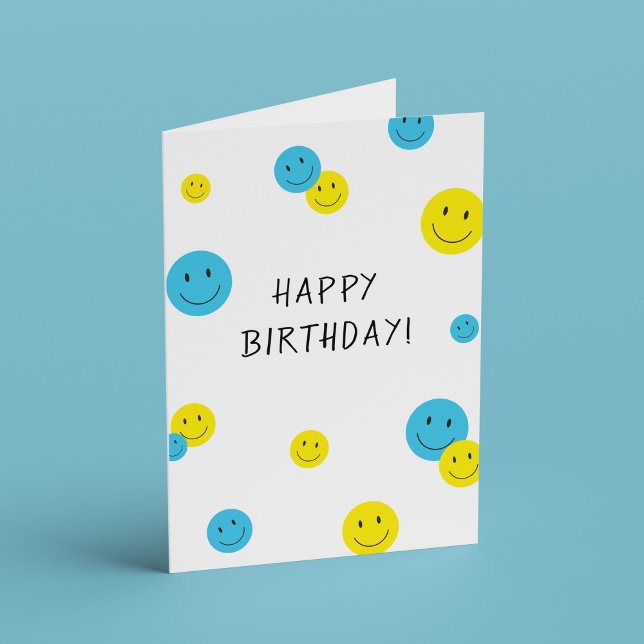 Happy Birthday Smiling Faces Blue Yellow Card (happy faces birthday card)