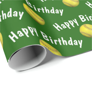 Happy Birthday softballs on green Wrapping Paper