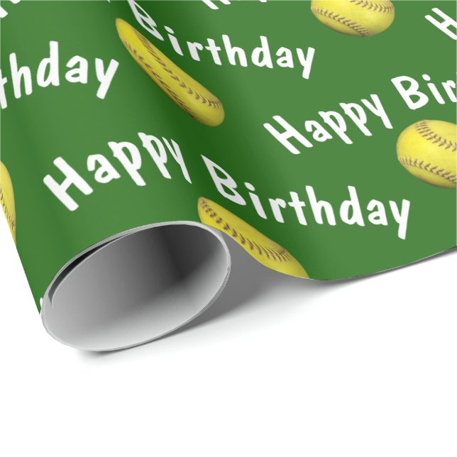 Happy Birthday softballs on green Wrapping Paper (Roll Corner)