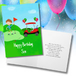 Happy Birthday Son Boy Golfer On Golf Course Card<br><div class="desc">This golf-themed birthday card for boys is a hole-in-one! Perfect for a young golf fan,  it features a bright red golf cart with colorful balloons,  a fun golf ball birthday cake,  and a young boy golfer ready to putt on the green.</div>