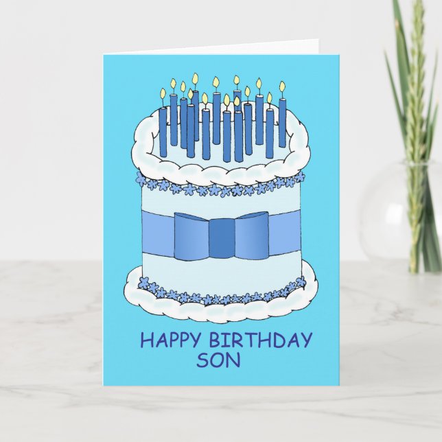 Happy Birthday Son Cartoon Cake and Candles Card (Front)