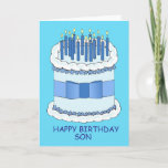 Happy Birthday Son Cartoon Cake and Candles Card<br><div class="desc">A large cartoon birthday cake with lit candles on and the words 'Happy Birthday Son' set against a bright blue background.</div>