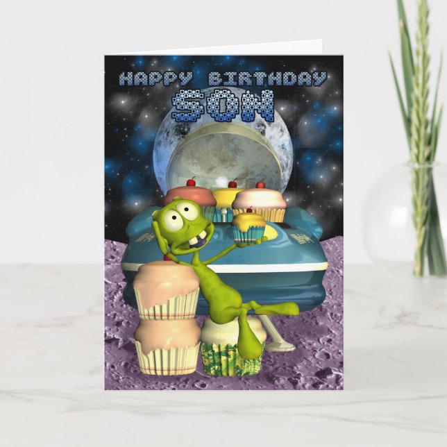 Happy Birthday Son, Out of this world, alien with Card (Front)