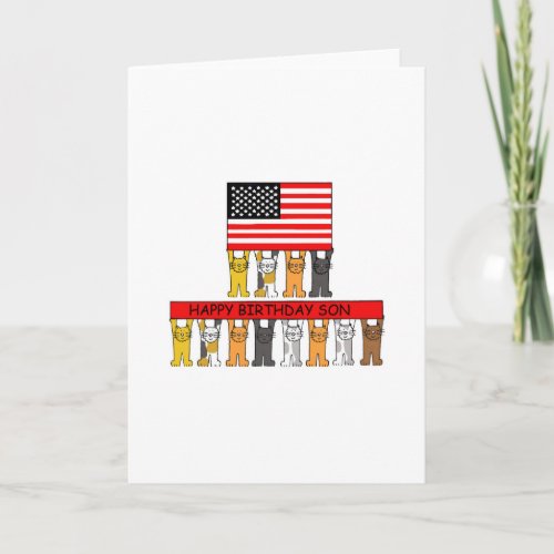 Happy Birthday Son USA Flag and Cartoon Cats Card