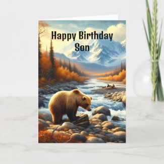 Happy Birthday Son Watercolor Bear by Stream  