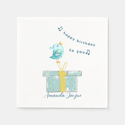 Happy Birthday Song Simple Little Bird 2 Teal Napkins